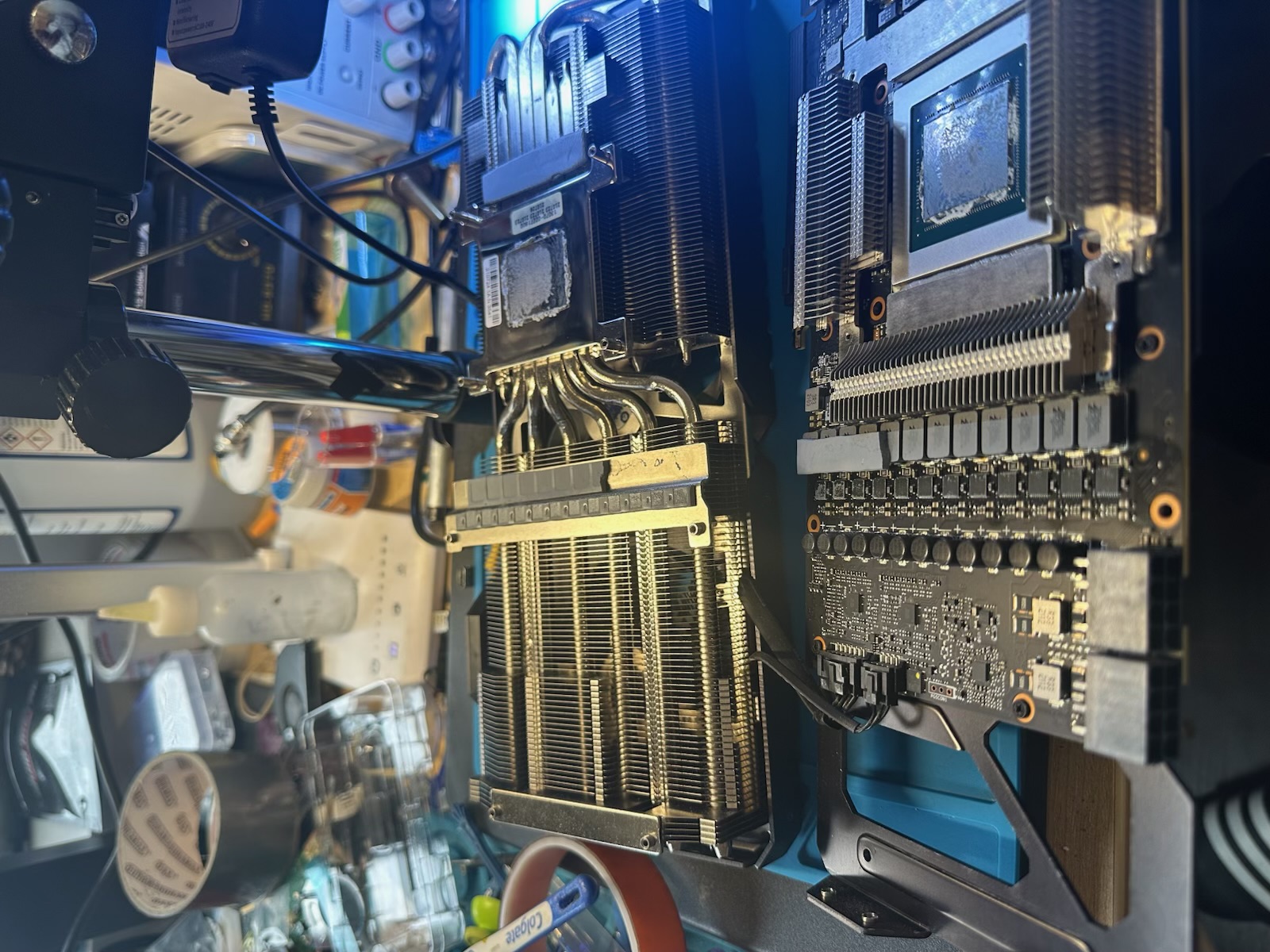 Graphics card heatsink and circuit board laid out for reassembly